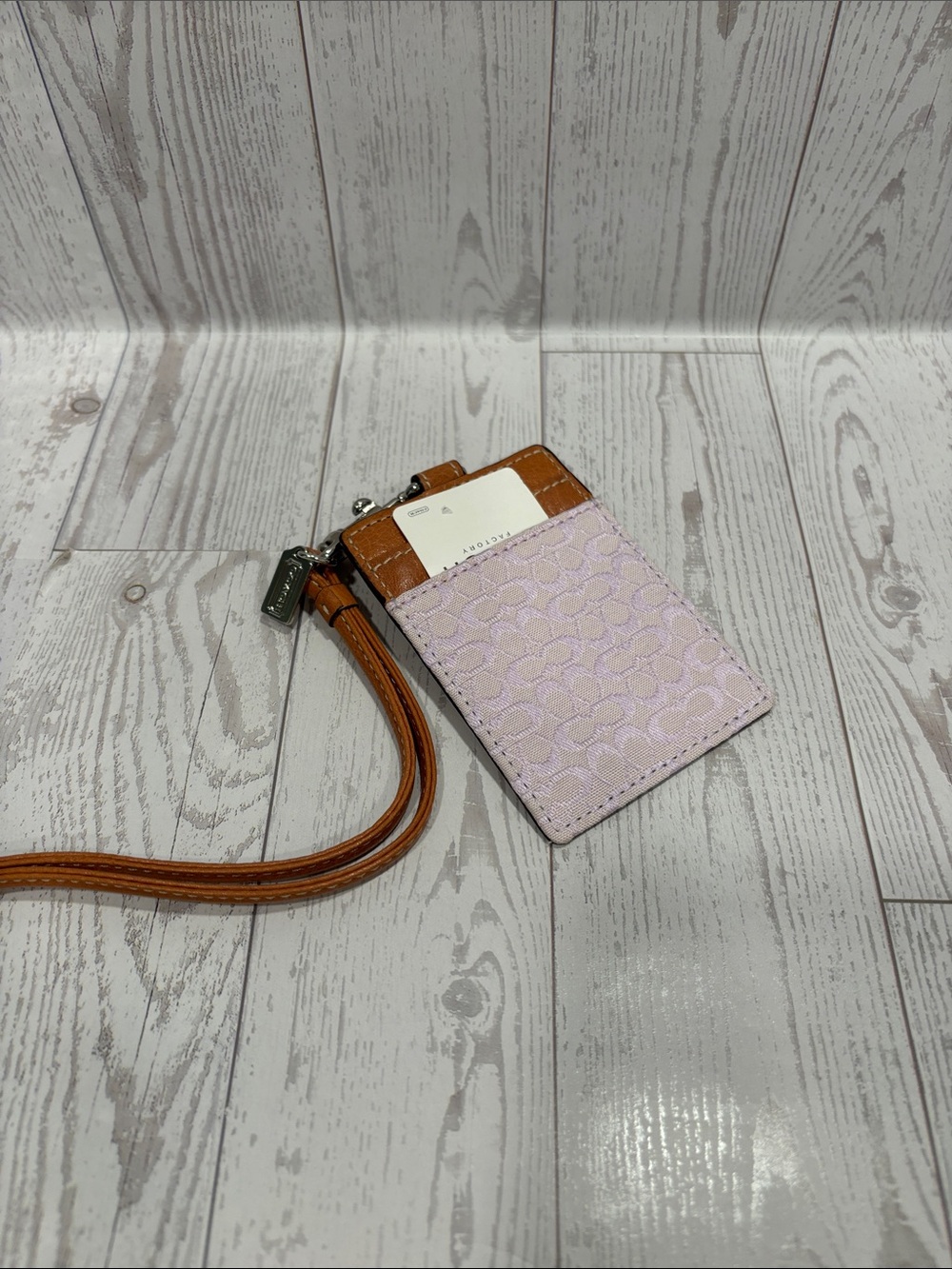 Coach Signature Jacquard ID Lanyard Wallet Card Case - Lavender / Tan